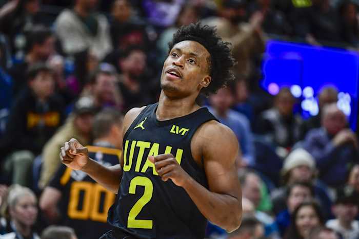 Dec 31, 2022; Salt Lake City, Utah, USA; Utah Jazz guard Collin Sexton (2) runs down court against the Miami Heat during the second half at Vivint Arena.